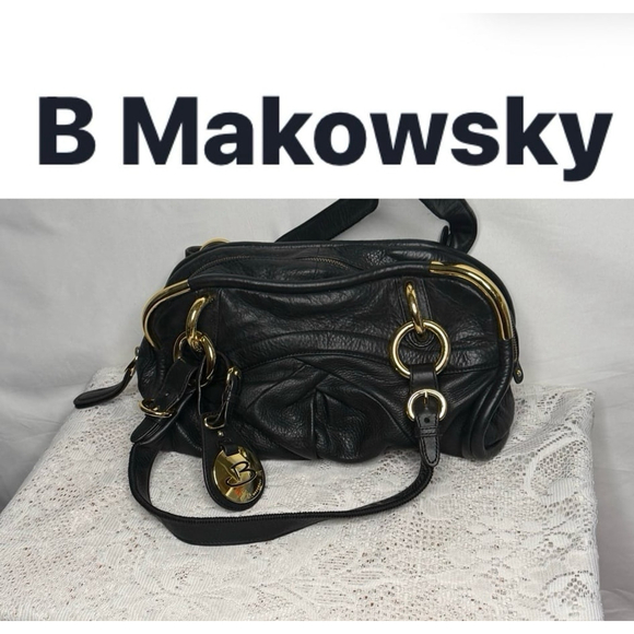 B. Makowsky black soft leather gold accent hardware handbag shoulder bag